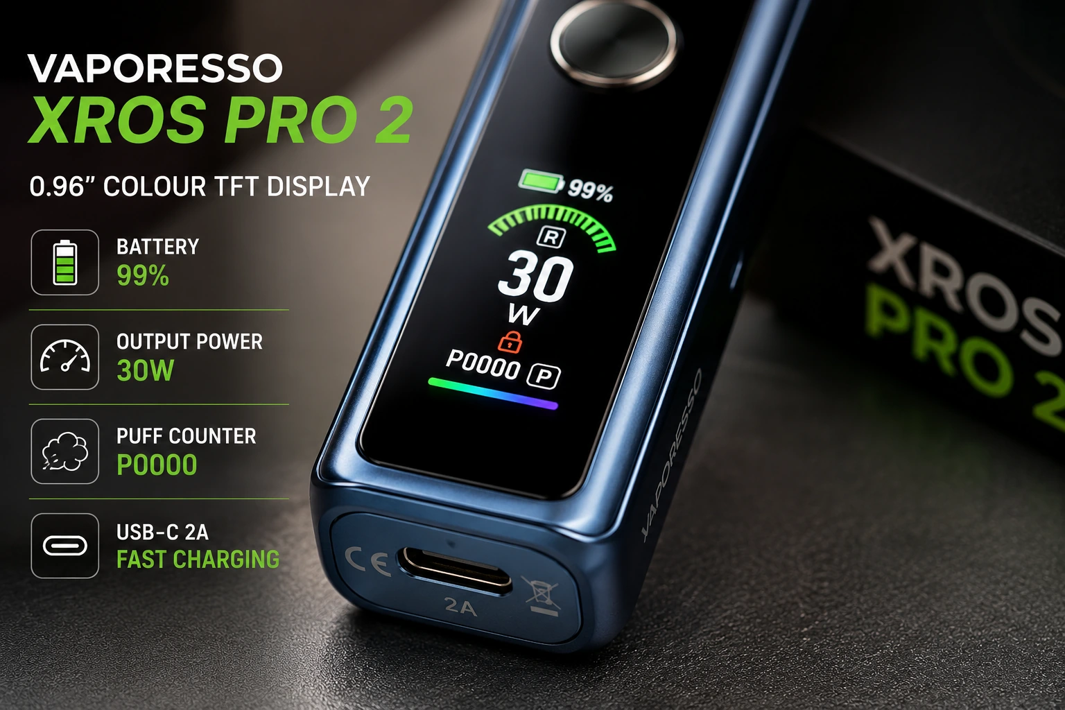 Vaporesso XROS Pro 2 colour TFT display and USB-C charging port close up